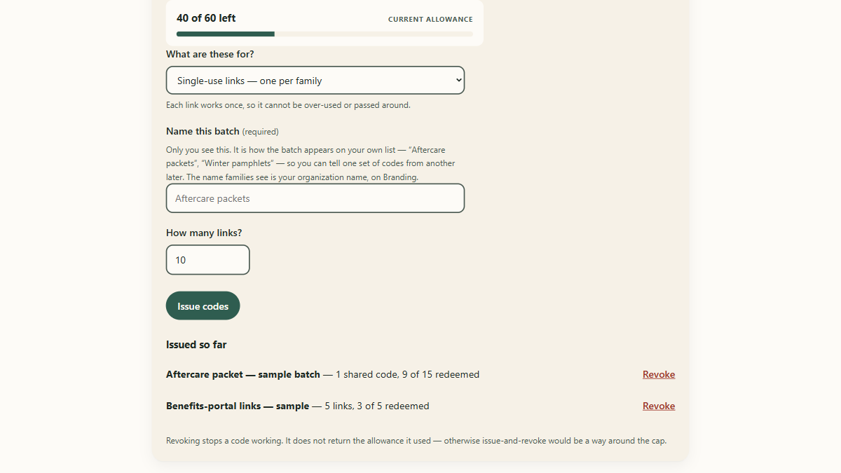 The Partner Console's Enrollment codes screen: an allowance meter reading 40 of 60 left, the form for naming and issuing a batch, and two issued batches listed with how many of each have been redeemed.